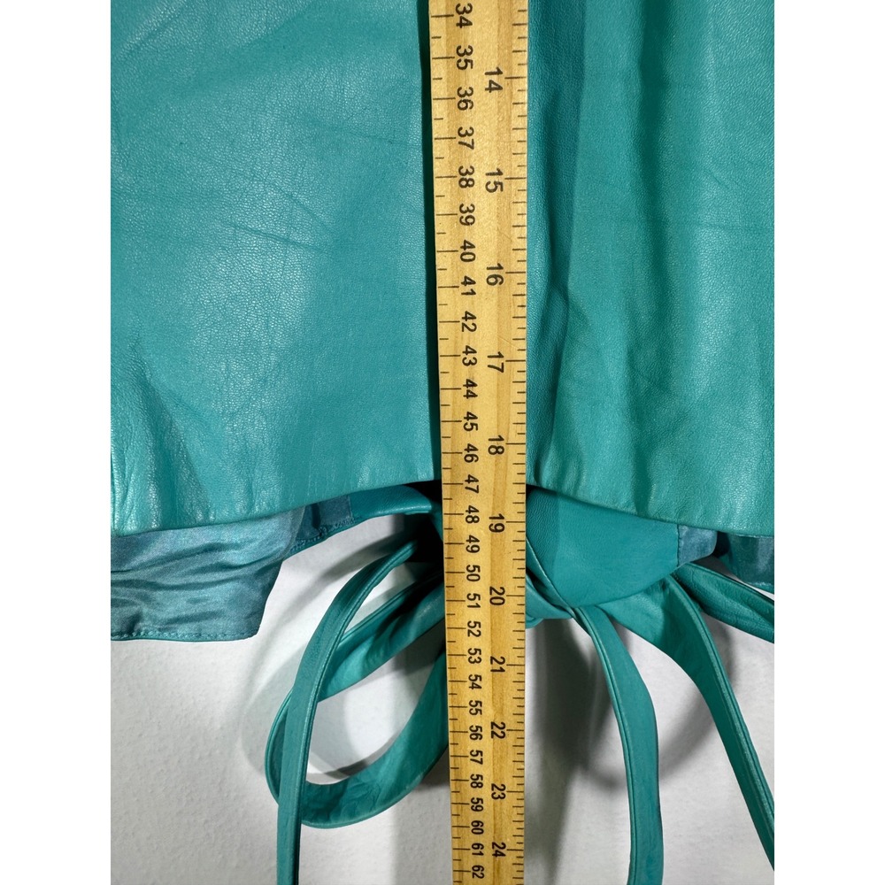 Badgley Mischka Vintage Teal Leather Jacket Silk Lined Cropped Tie Waist Sz‎ M/8 - Picture 13 of 15